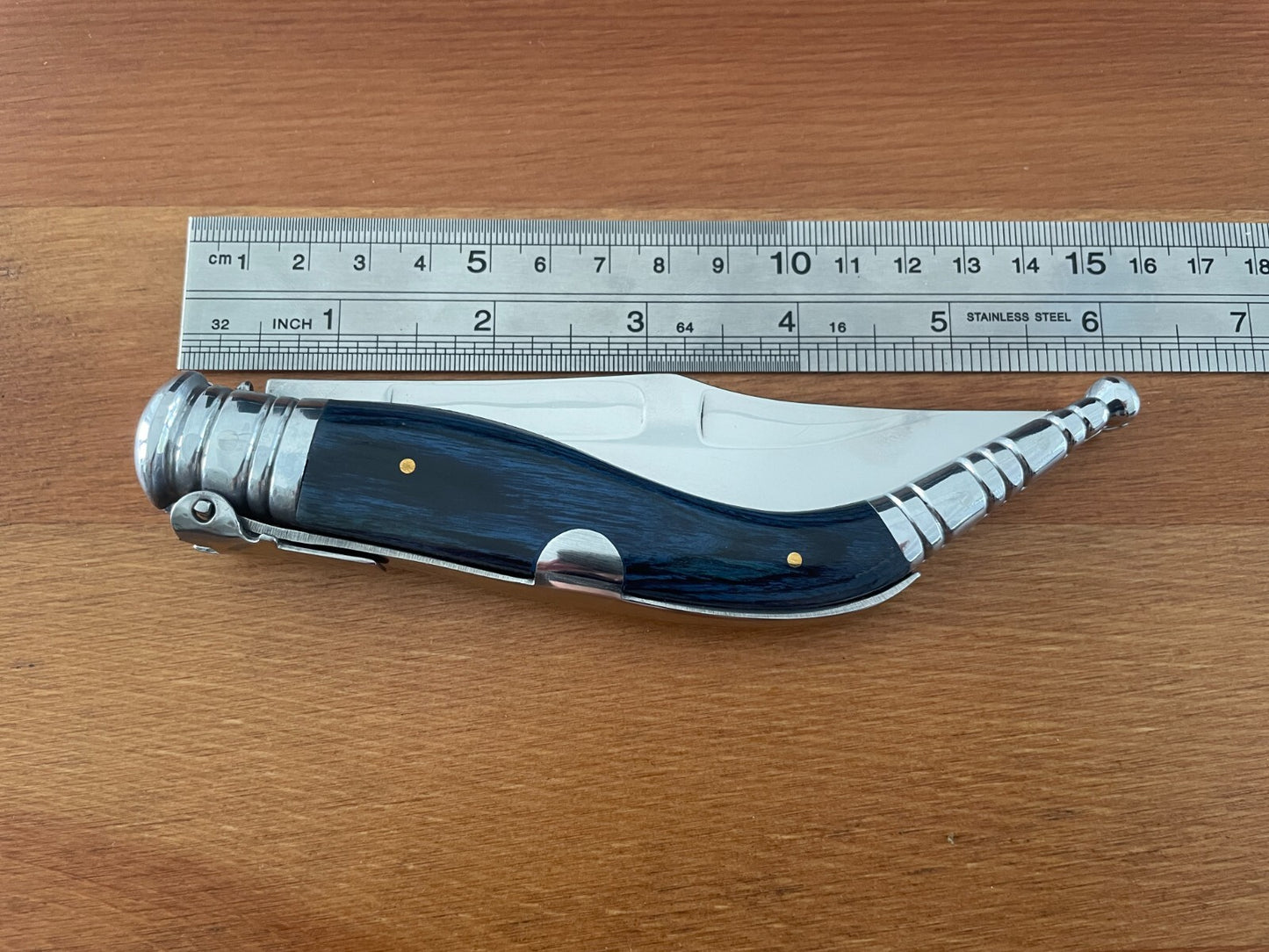 4.5" Spanish Navaja Sevillana Pocket Knife Blue Wood Stamina Scales with Ratchet