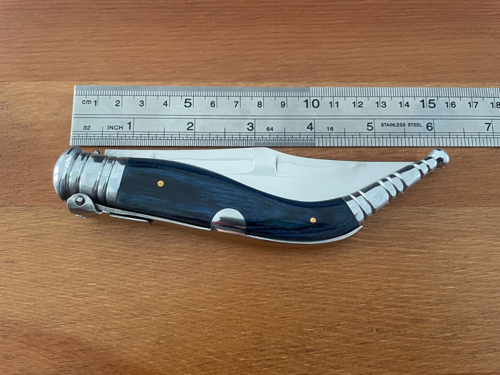 4.5" Spanish Navaja Sevillana Pocket Knife Blue Wood Stamina Scales with Ratchet