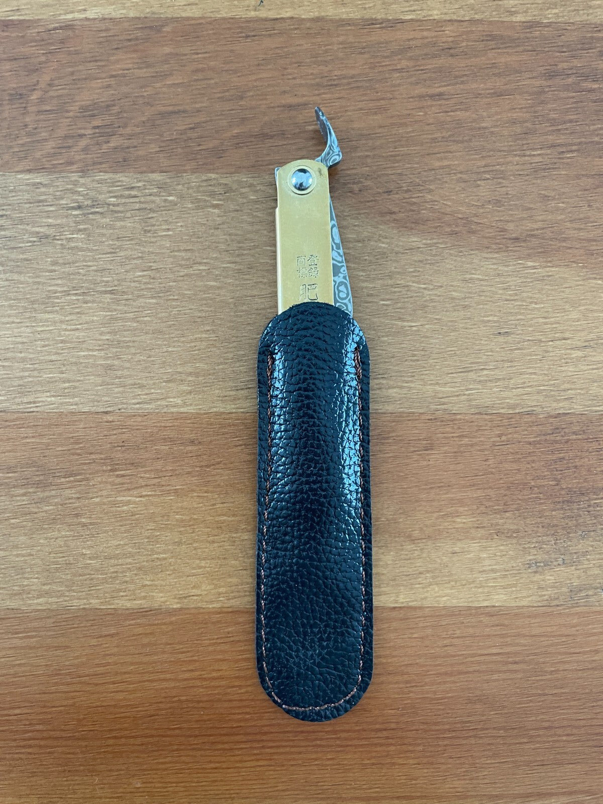2.9" Navaja Higonokami Pocket Knife 79-layer Damascus Brass Handle with Sheath