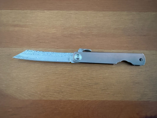 3" Damascus Navaja Higonokami Knife Steel Handle Satin Bronze Finish w/ Sheath