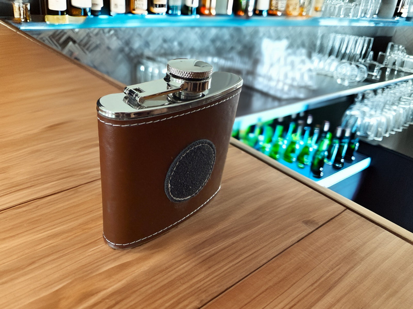 5 oz Stainless Steel Flask Sheathed in Brown Leather Pocket Hip Bottle