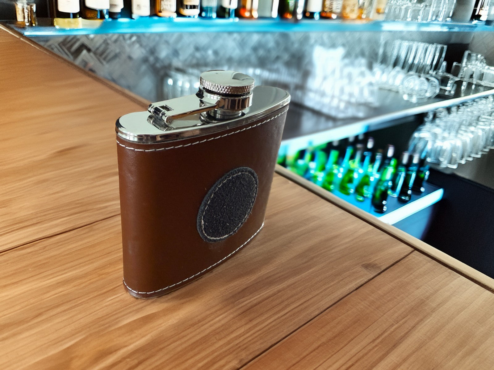 5 oz Stainless Steel Flask Sheathed in Brown Leather Pocket Hip Bottle