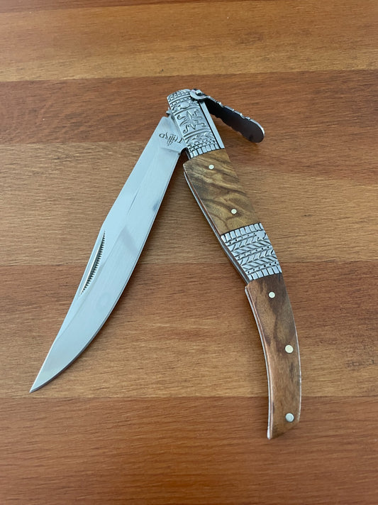 5.1" Arabian Style Navaja with Ratchet Pocket Knife Olive Wood and Steel Handle