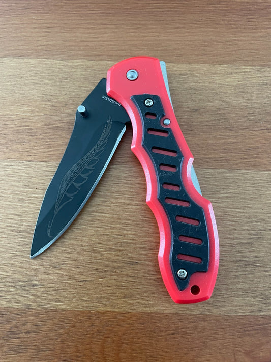 3.3" Black Stainless Steel Blade Tactical Pocket Knife Red Plastic Handle