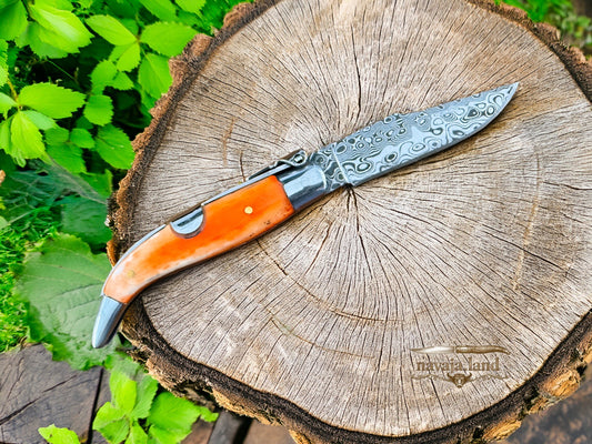 2.56” 67-Layer Damascus Blade Spanish Albacete Navaja Folding Knife Orange Bone