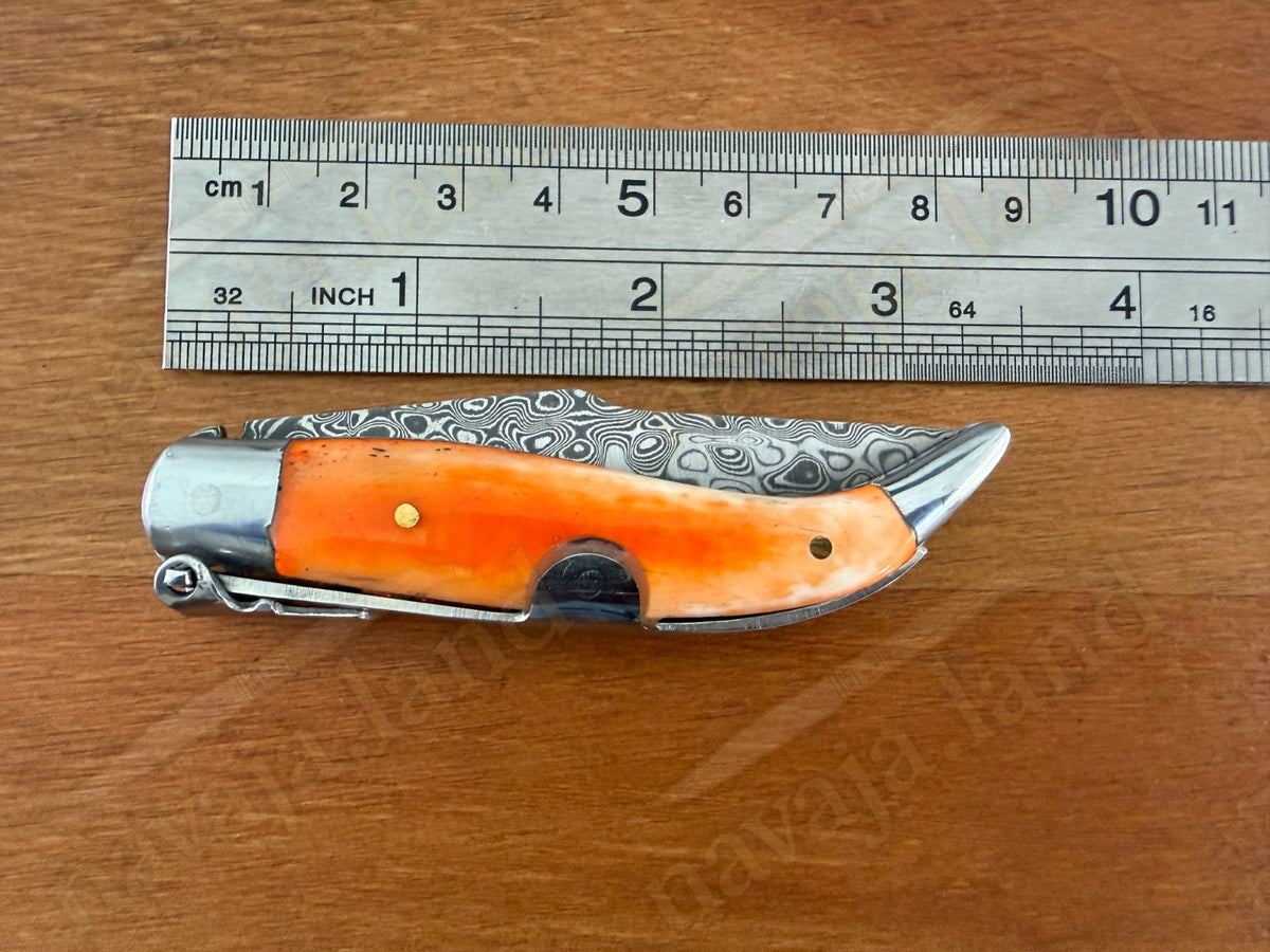 2.56” 67-Layer Damascus Blade Spanish Albacete Navaja Folding Knife Orange Bone