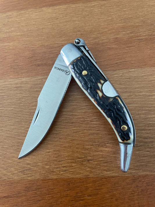 2.6" Carbon Steel Spanish Navaja Teja Deer Antler Imitation Scales Billet Lock