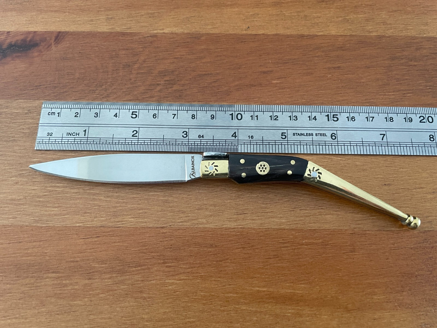 3.22" Spanish Catalan Navaja Folding Knife With Brass Bolsters Bull Horn Scales