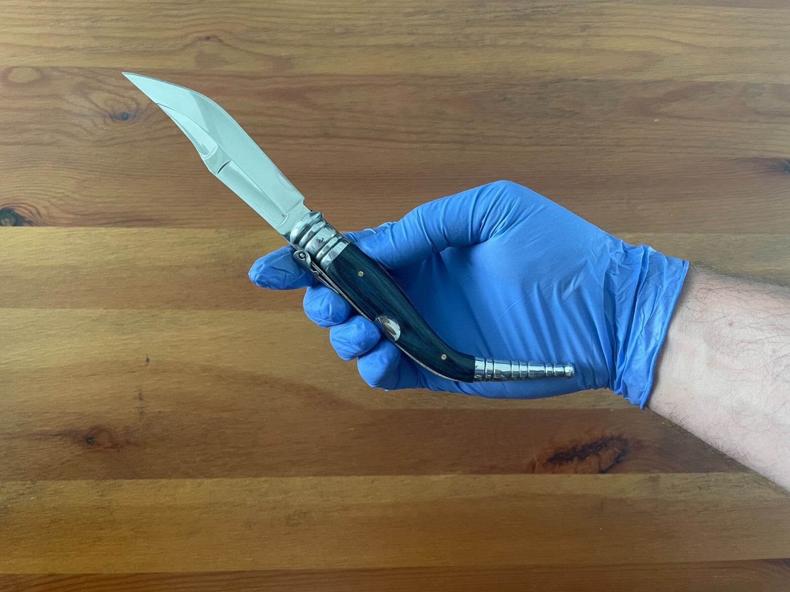 3.9" Spanish Navaja Sevillana Pocket Knife Blue Stamina Wood Scales with Ratchet