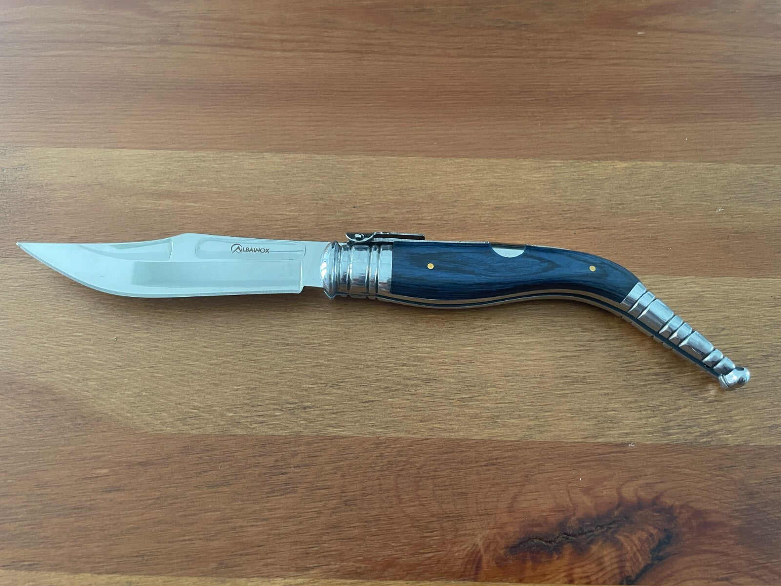 4.5" Spanish Navaja Sevillana Pocket Knife Blue Wood Stamina Scales with Ratchet