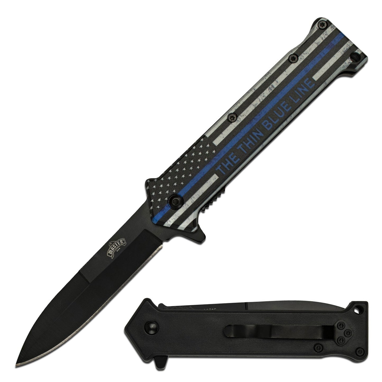 3.5" The Thin Blue Line Spring Assisted Pocket Knife Oxidized Stainless Steel