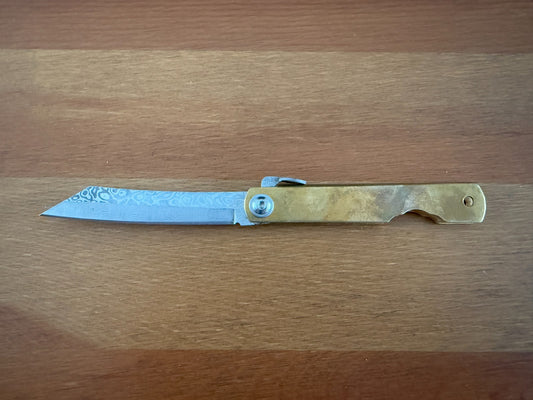 3" Navaja Higonokami Knife Brass Handle with Damascus Blade with Sheath