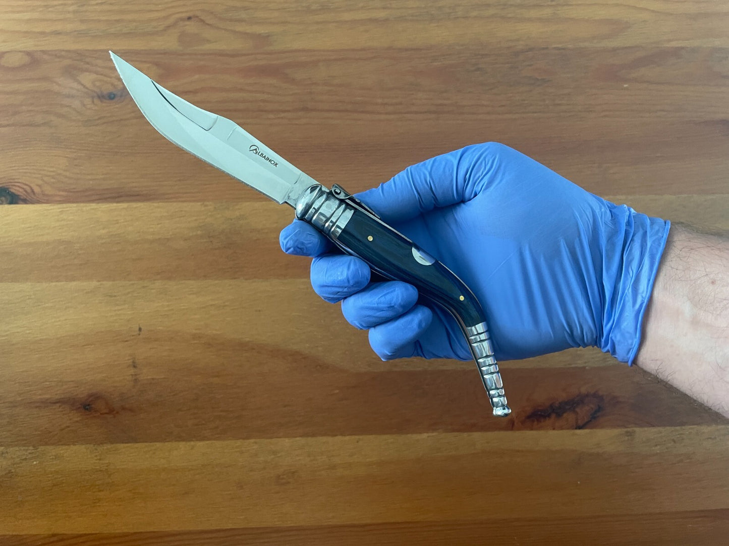 3.9" Spanish Navaja Sevillana Pocket Knife Blue Stamina Wood Scales with Ratchet