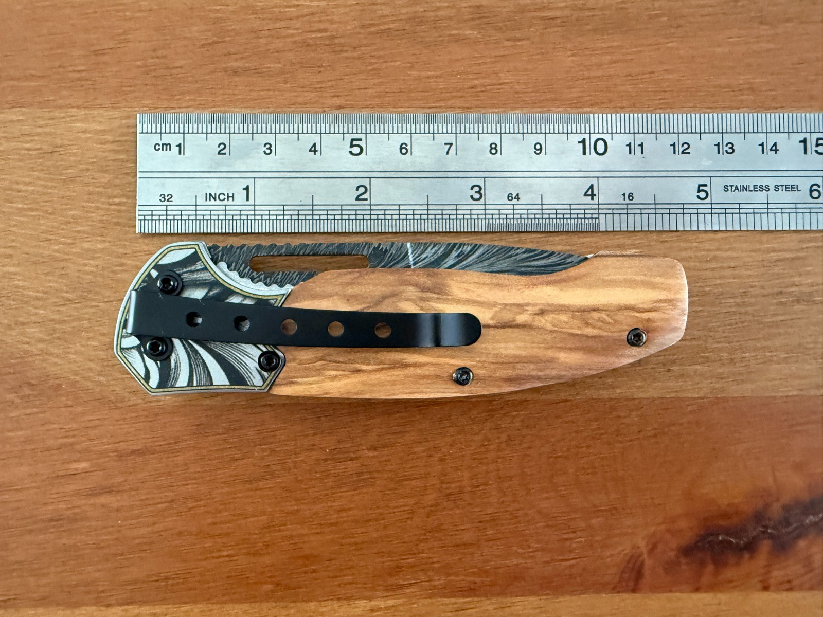 3.4" 420 Stain Steel Blade Folding Knife Pocket Clip Olive Wood 3D Engraving