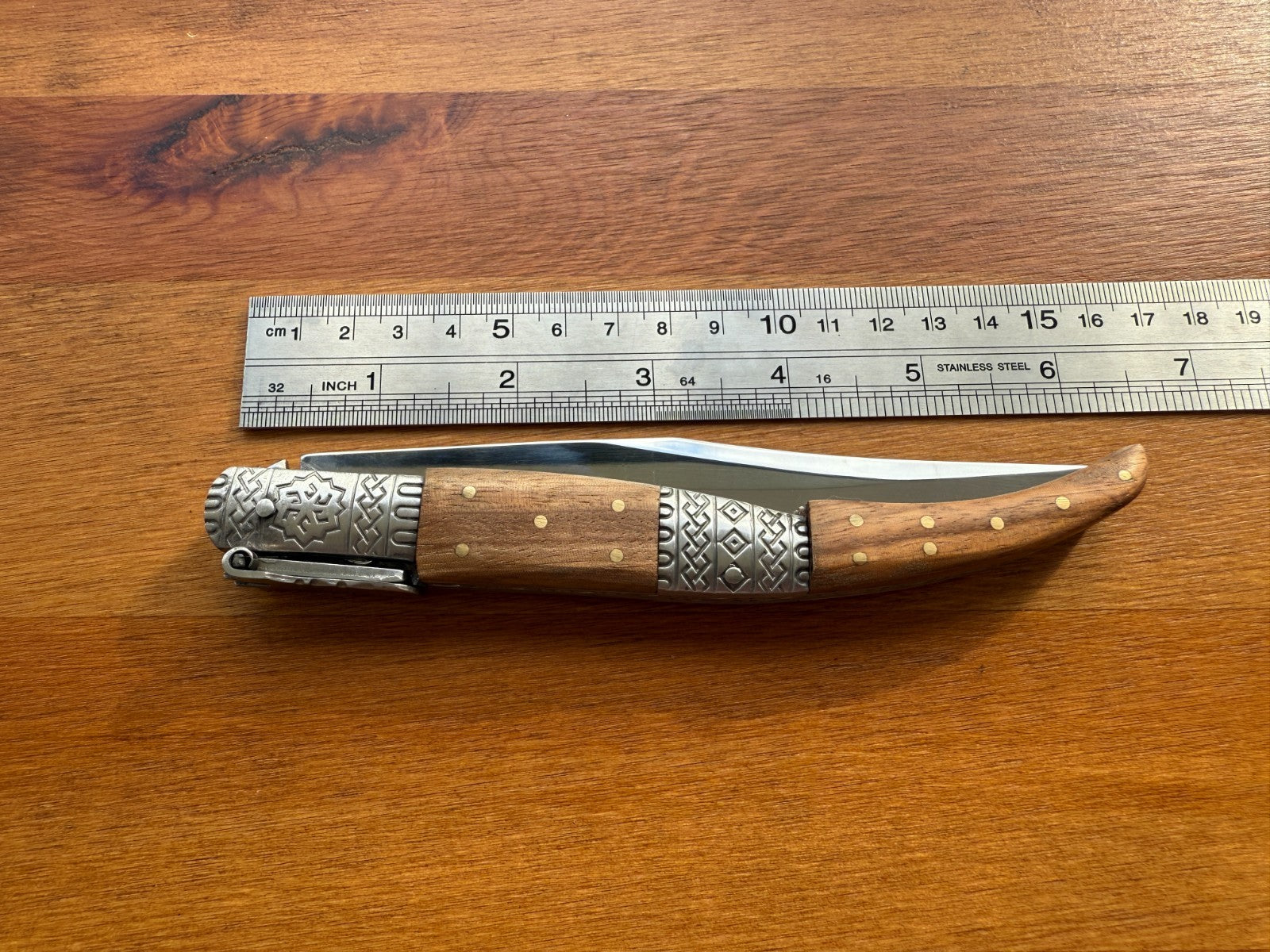 5.3" Blade Arabian Style Ratchet Navaja Knife Zebra Wood Handle Ornamented