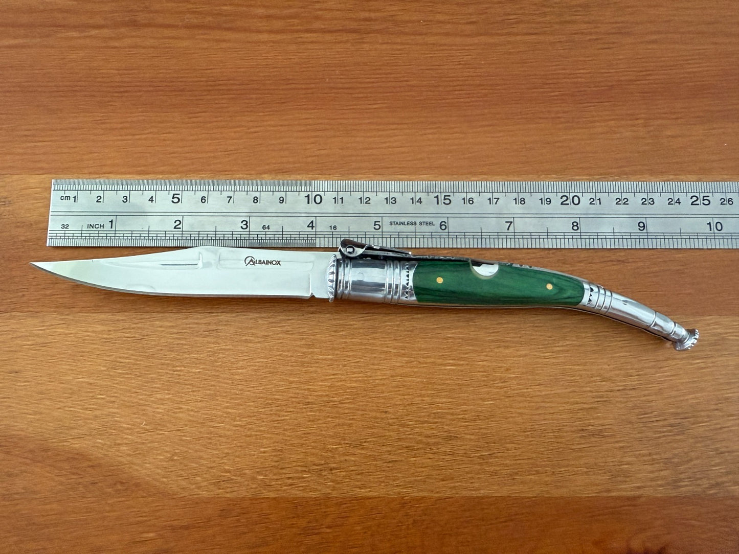 4.13” Spanish Navaja Serrana Ratchet Folding Knife Green Stamina Wood Scales