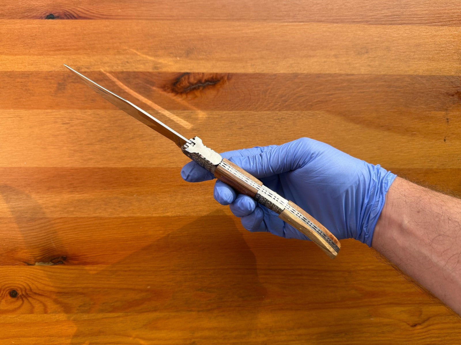 5.3" Blade Arabian Style Ratchet Navaja Knife Zebra Wood Handle Ornamented