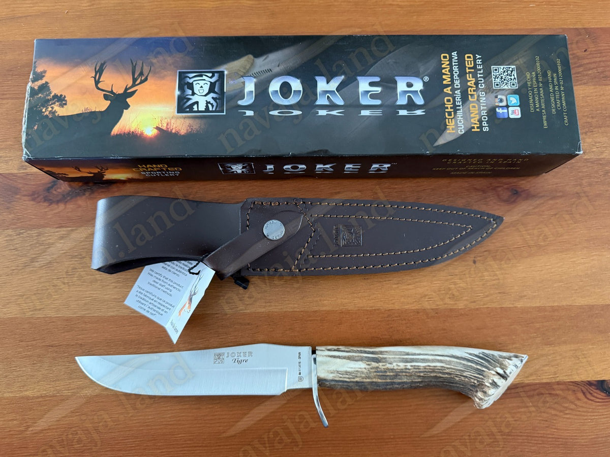 Joker Tigre Hunting Knife 6.7” MOVA Blade Deer Antler Handle Leather Sheath