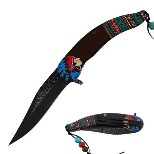 3.5 inch Dark Fantasy Embossed Native American Pocket Knife Spring Assisted