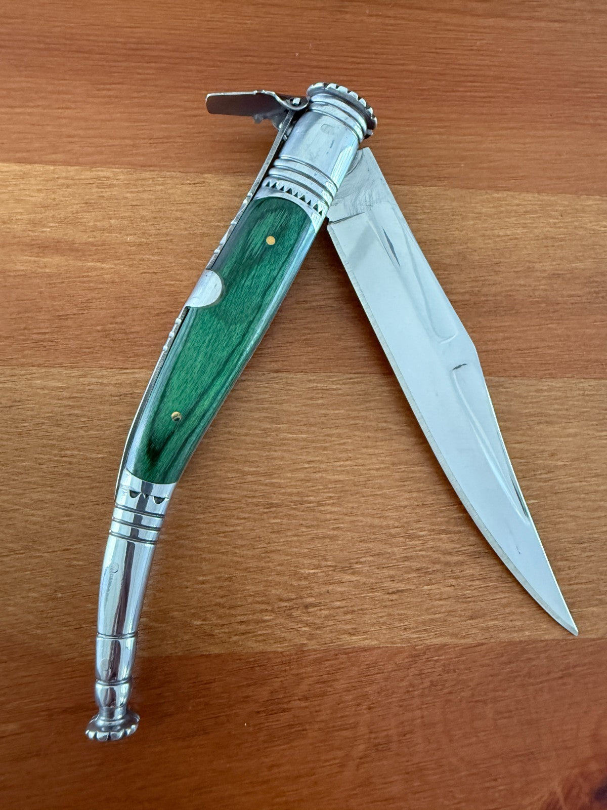 4.9” Spanish Navaja Serrana Folding Ratchet Knife Green Stamina Wood Scales