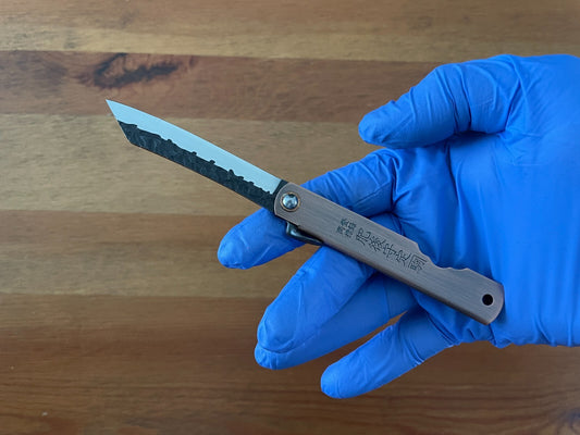 2.8" Navaja Higonokami Pocket Knife 420 Steel Tanto Blade Copper Handle Sheath