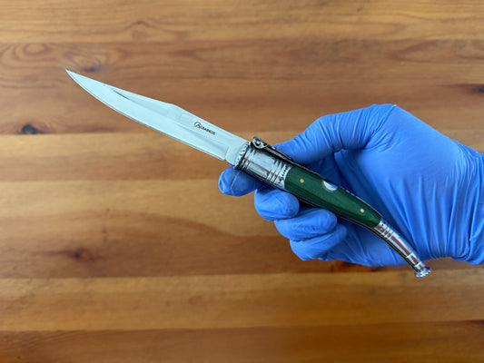 4.13” Spanish Navaja Serrana Ratchet Folding Knife Green Stamina Wood Scales