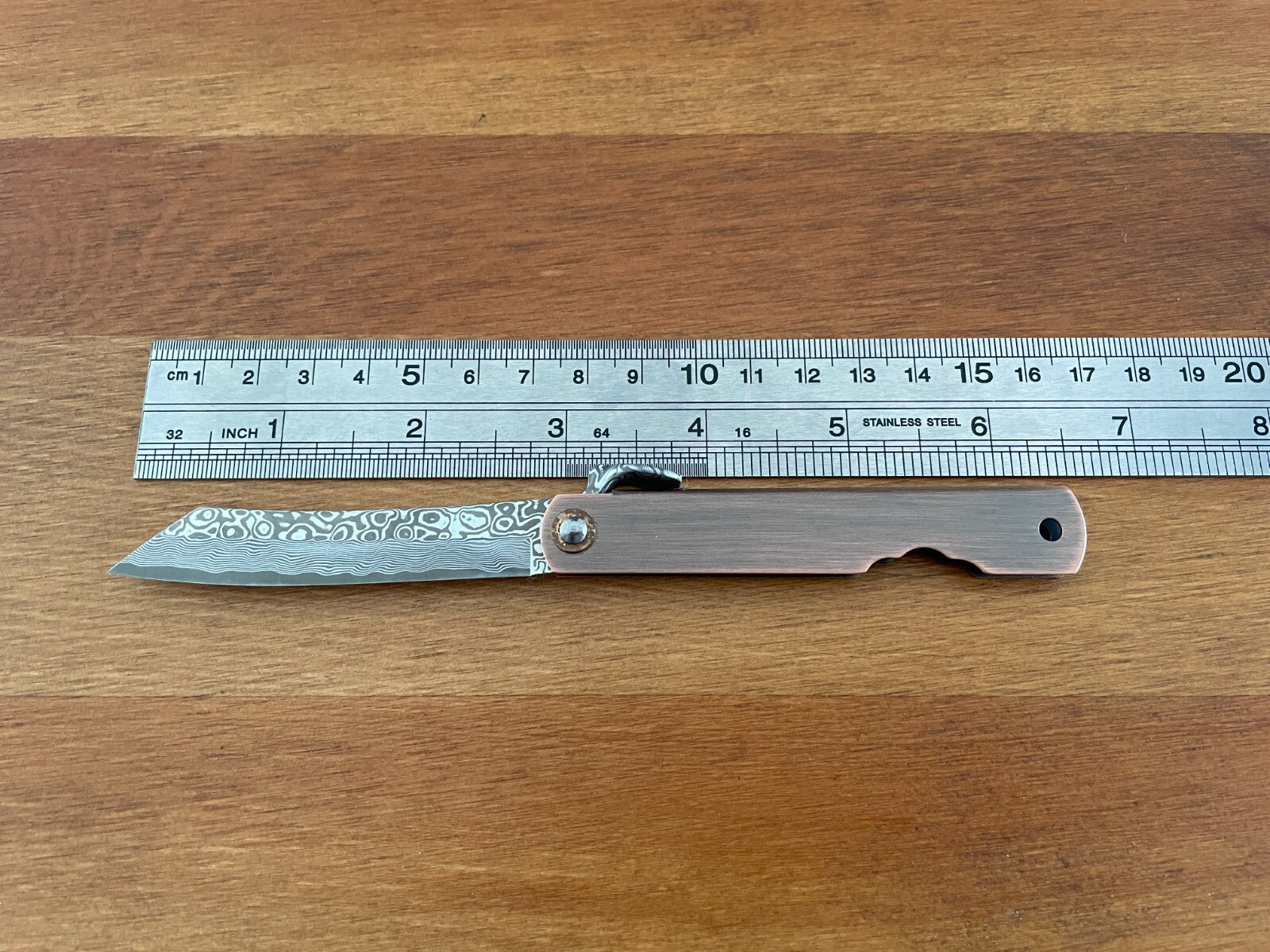 2.8" Navaja Higonokami Pocket Knife Tanto 79-layer Damascus Copper Handle Sheath