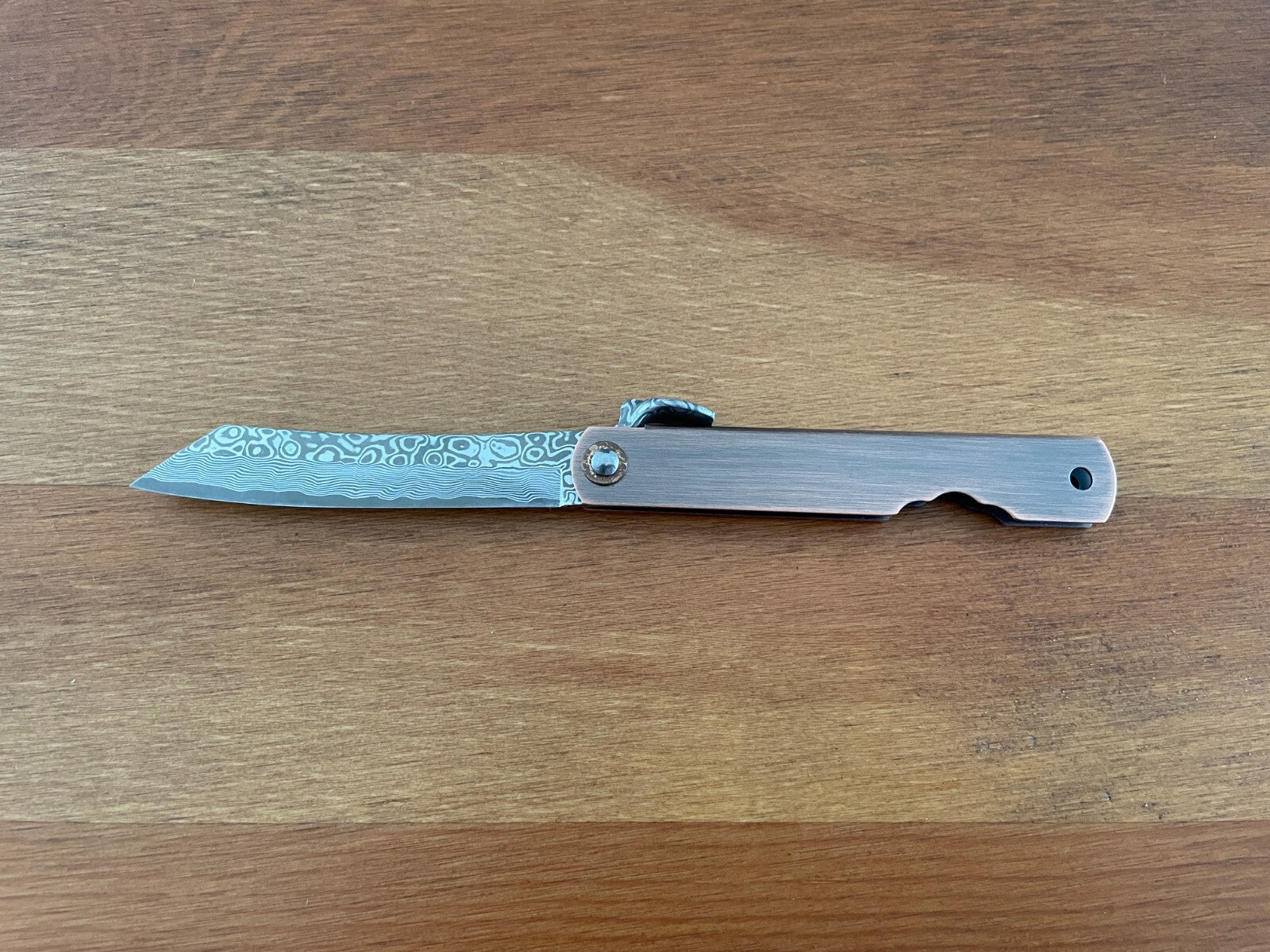 2.8" Navaja Higonokami Pocket Knife Tanto 79-layer Damascus Copper Handle Sheath