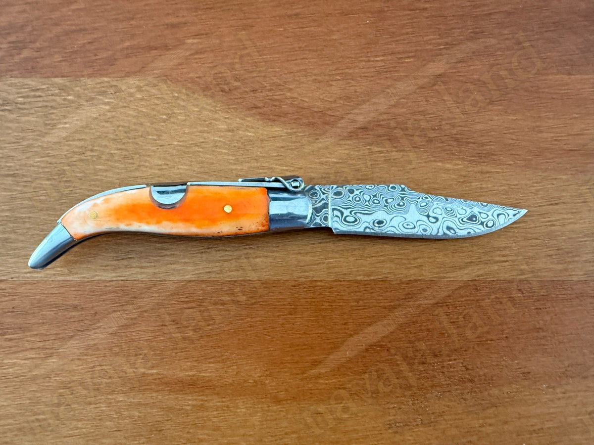 2.56” 67-Layer Damascus Blade Spanish Albacete Navaja Folding Knife Orange Bone
