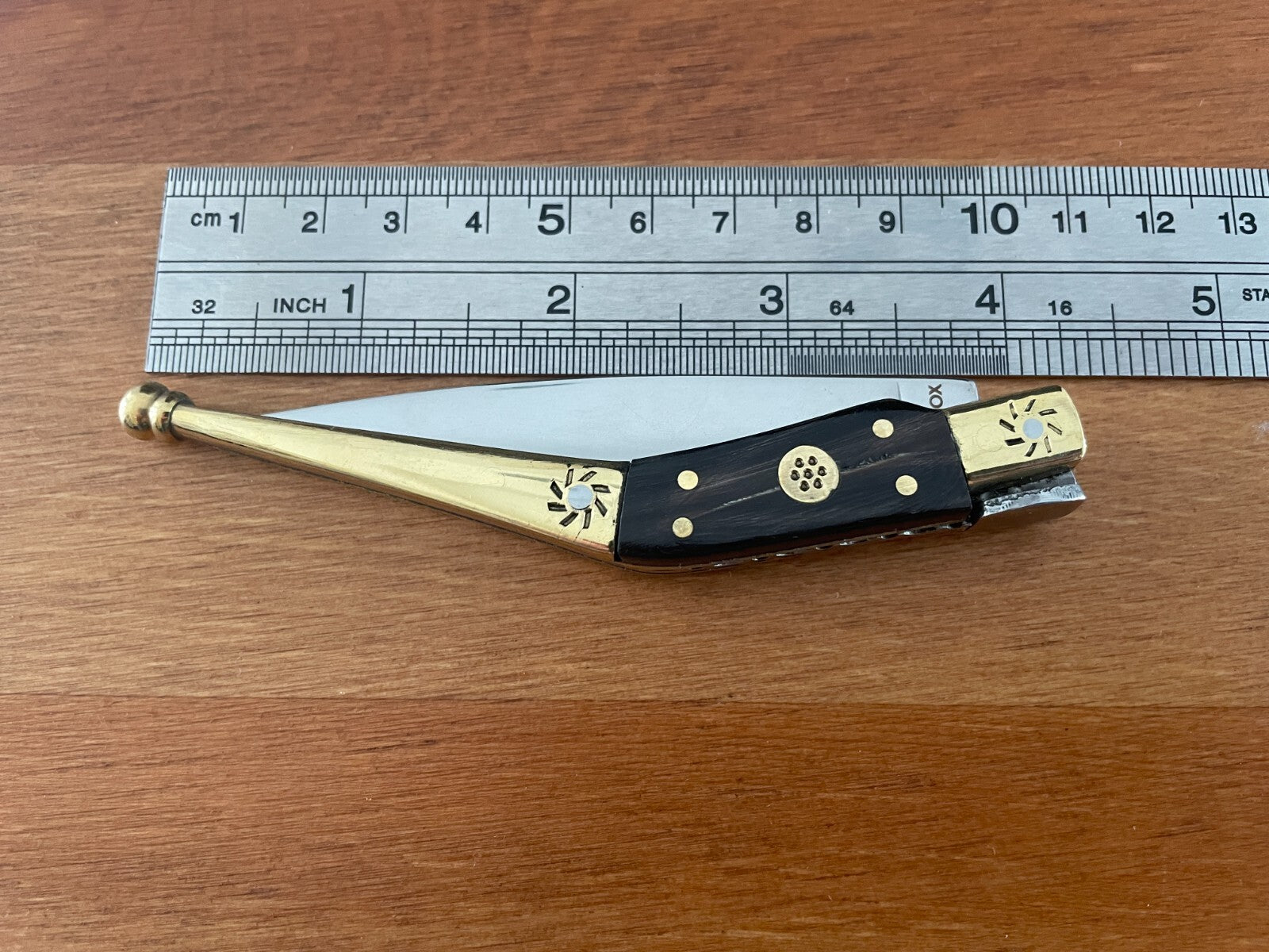 3.22" Spanish Catalan Navaja Folding Knife With Brass Bolsters Bull Horn Scales