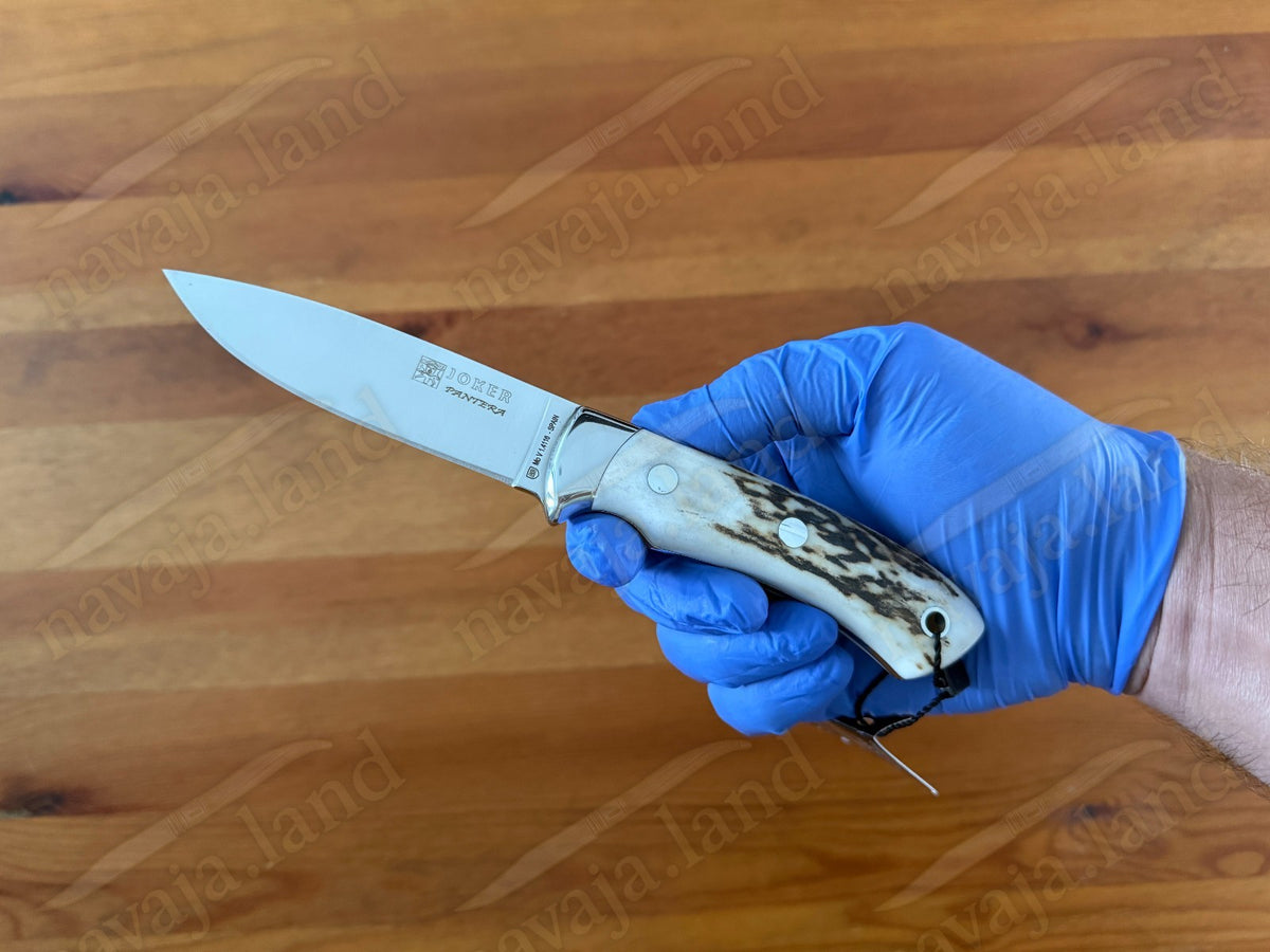 Joker Pantera Fixed Knife 3.7” MOVA Blade 🦌 Deer Antler Handle Leather Sheath