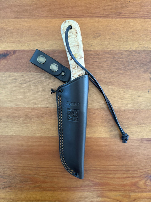 Joker Montañero Fixed Knife 4.3" Sandvik 14C28N Steel Curly Birch Handle Spain