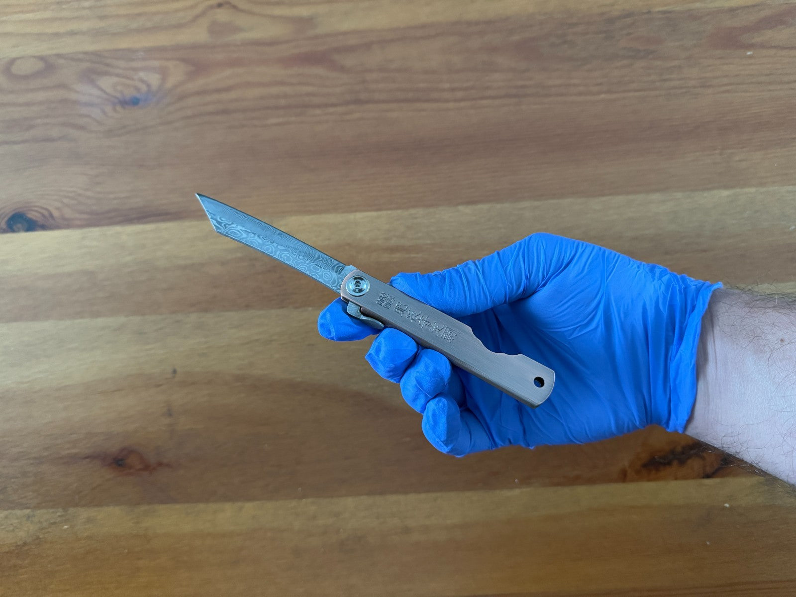 3" Damascus Navaja Higonokami Knife Steel Handle Satin Bronze Finish w/ Sheath