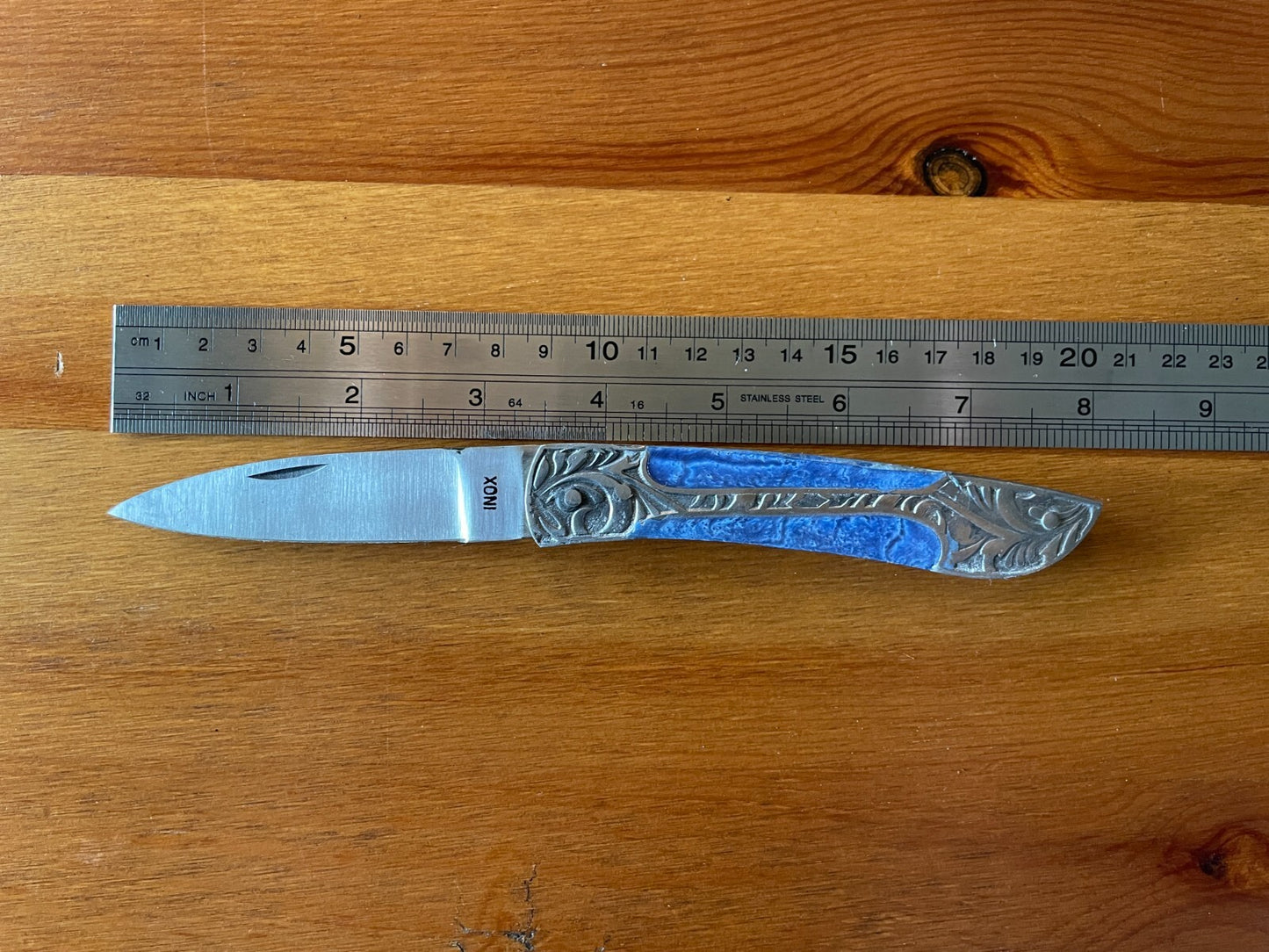 3.3” Spanish Navaja Pocket Knife Handmade Decorated Handle Blue Wood and Steel