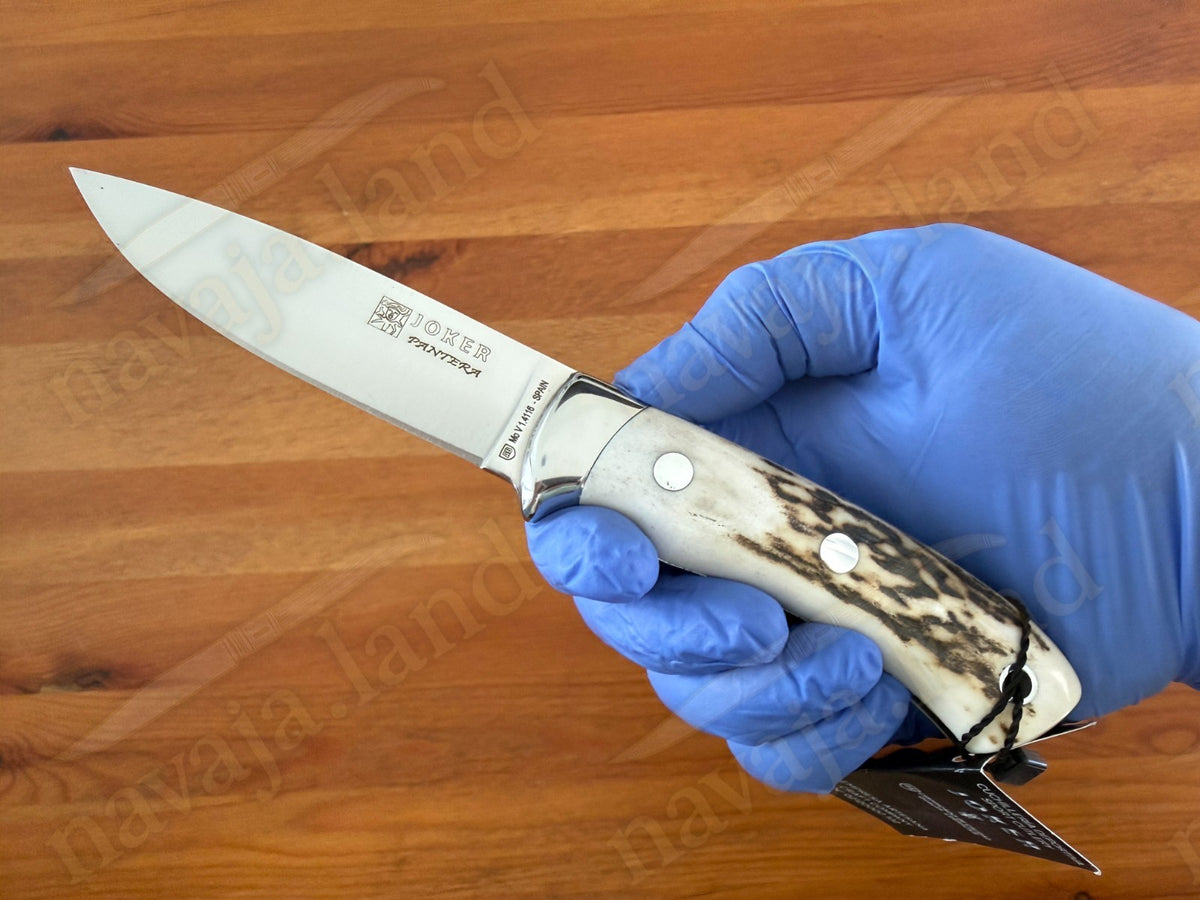 Joker Pantera Fixed Knife 3.7” MOVA Blade 🦌 Deer Antler Handle Leather Sheath
