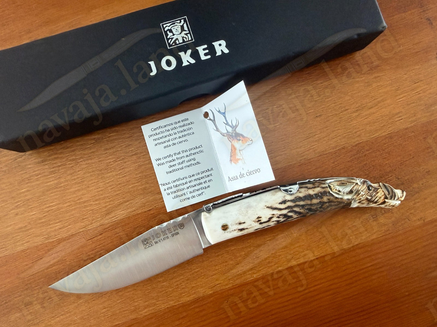 Joker Folding Knife w/ Hand Carved Wild Boar Motif Deer Antler 3.1" MOVA Steel