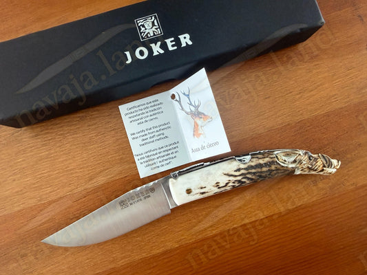 Joker Folding Knife w/ Hand Carved Wild Boar Motif Deer Antler 3.1" MOVA Steel