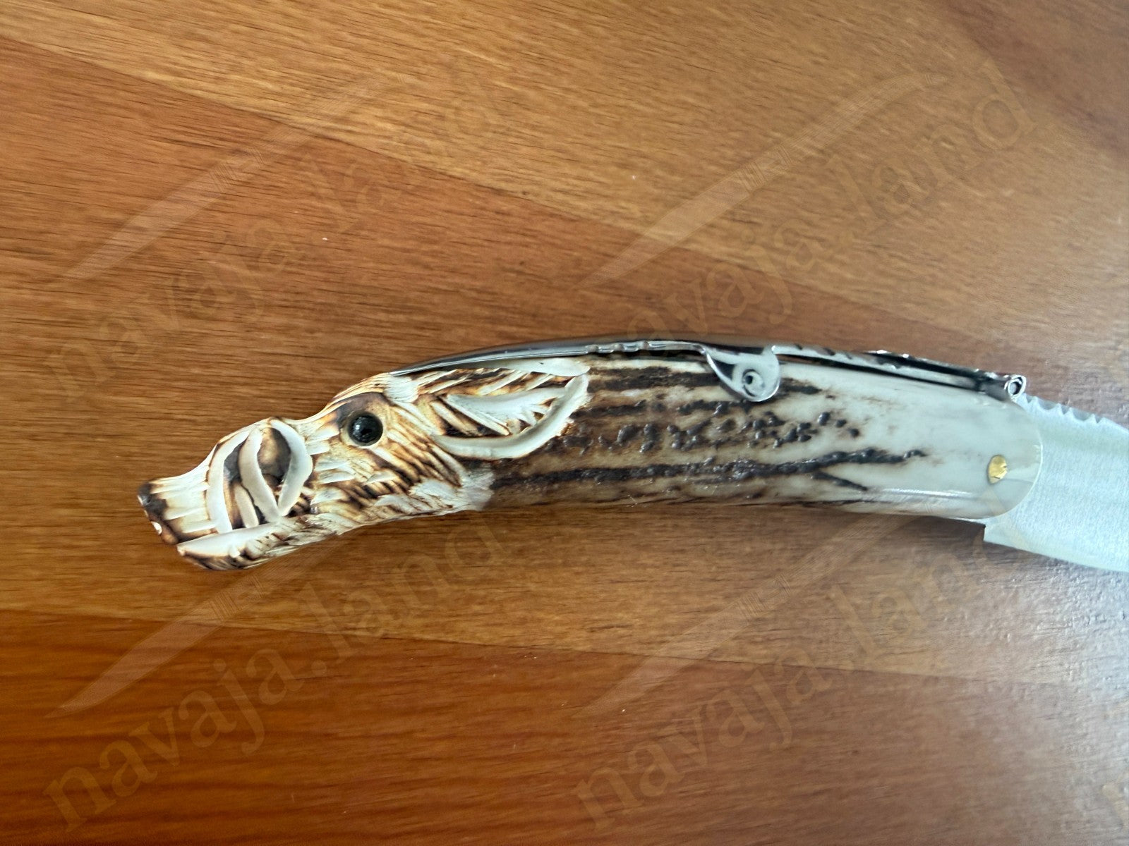 Joker Folding Knife w/ Hand Carved Wild Boar Motif Deer Antler 3.1" MOVA Steel