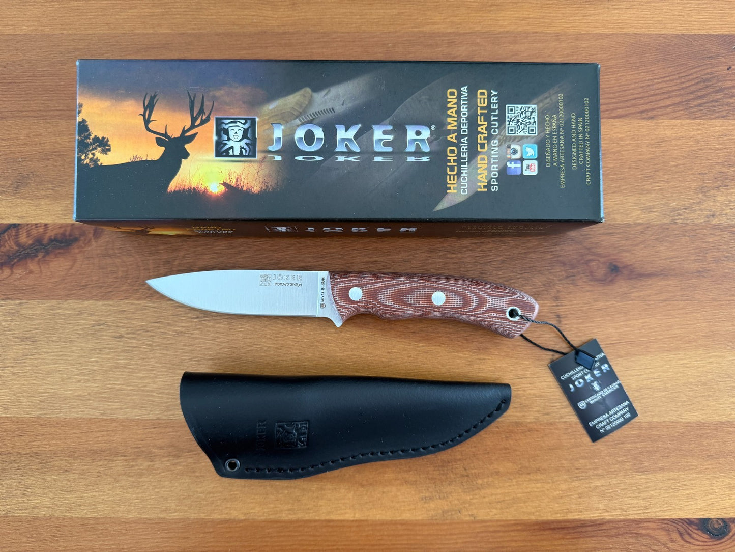 Joker Pantera Bushcraft Knife Brown Micarta Handle Black Sheath Lanyard Hole