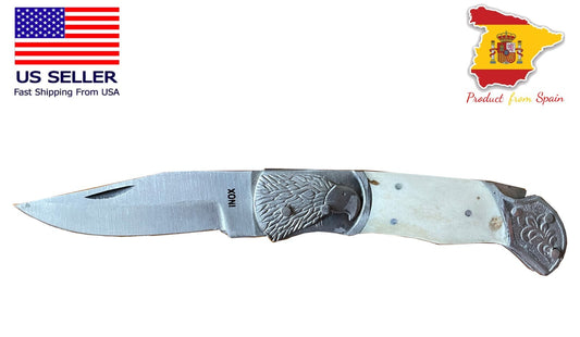 3.5" Spanish Navaja Pocket Knife Eagle Bolsters Bone Scales Lockback USA Seller