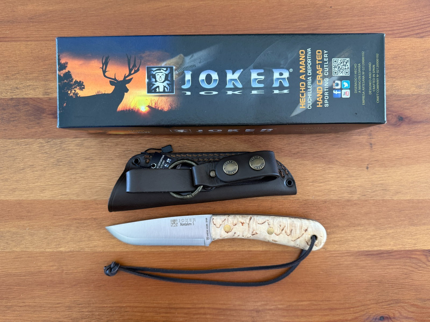 Joker Montañero Fixed Knife 4.3" Sandvik 14C28N Steel Curly Birch Handle Spain