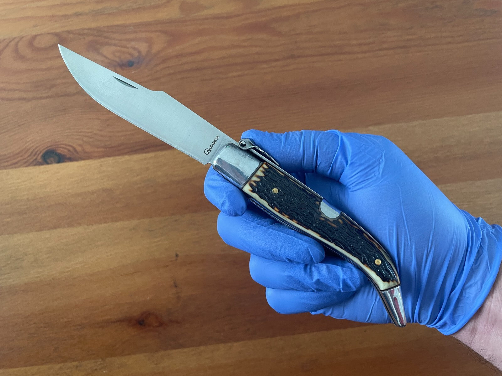 3.7" Carbon Steel Spanish Navaja Teja Deer Antler Imitation Scales Billet Lock