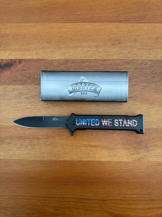 3.5" Fine Edge Stiletto Blade Spring Assisted Knife Master USA United We Stand