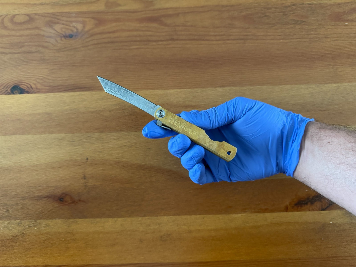 3" Navaja Higonokami Knife Brass Handle with Damascus Blade with Sheath