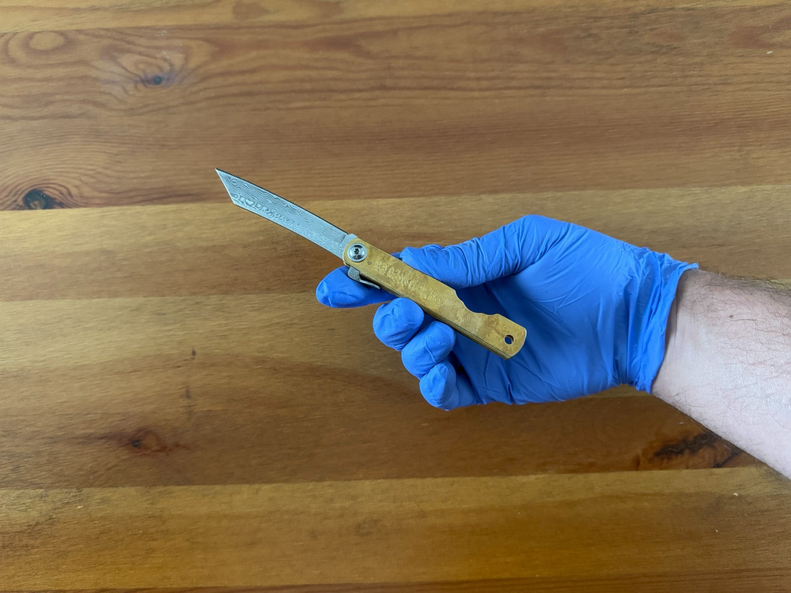 3" Navaja Higonokami Knife Brass Handle with Damascus Blade with Sheath