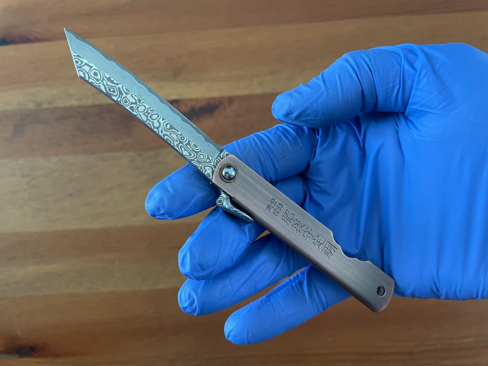 2.8" Navaja Higonokami Pocket Knife Tanto 79-layer Damascus Copper Handle Sheath