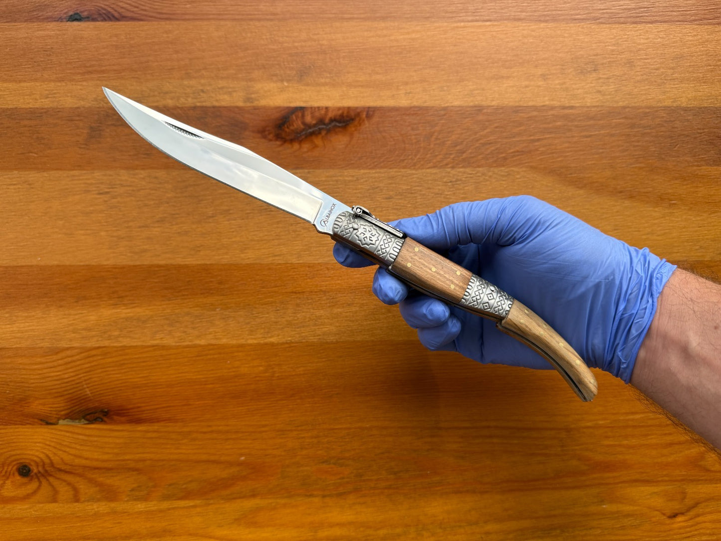 5.3" Blade Arabian Style Ratchet Navaja Knife Zebra Wood Handle Ornamented