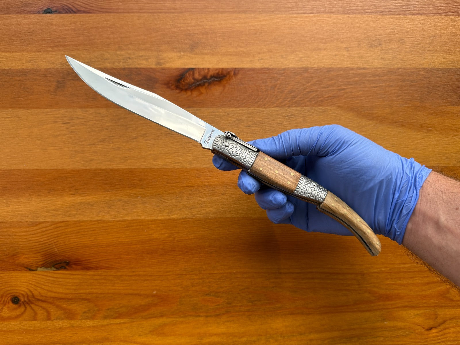 5.3" Blade Arabian Style Ratchet Navaja Knife Zebra Wood Handle Ornamented