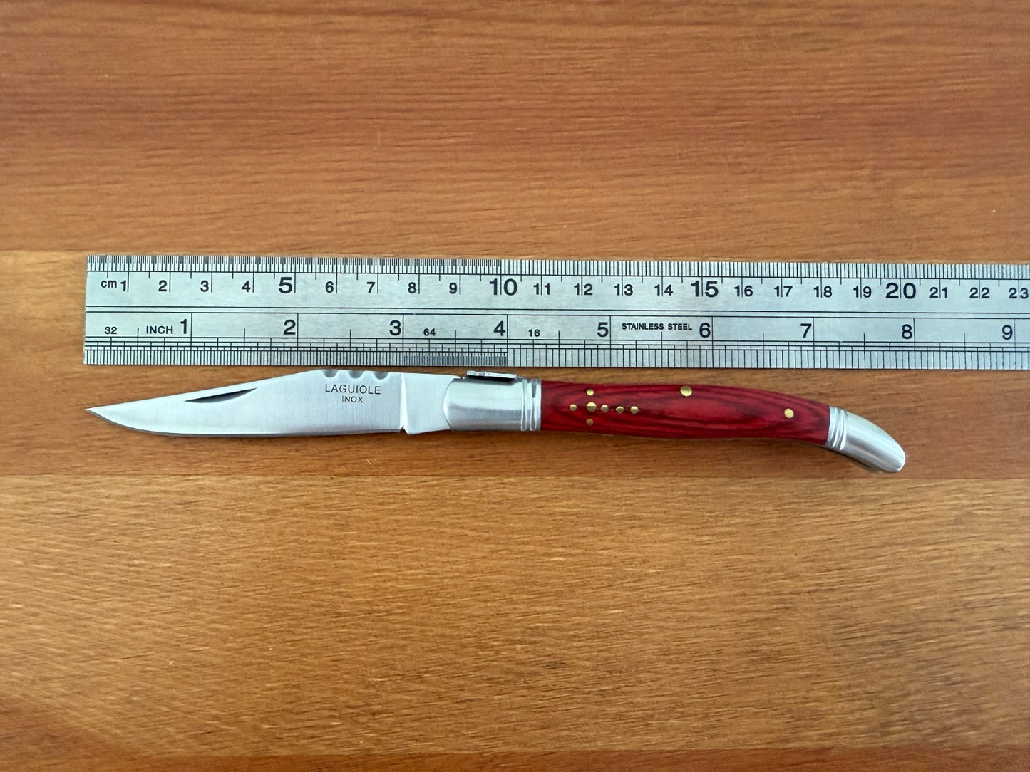 3.34” Stainless Steel Blade Navaja Laguiole Inox Pocket Knife Red Wood Scales