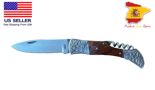 3.7” Spanish Navaja Pocket Knife With Wooden Handle w/ Corkscrew Handmade Spain